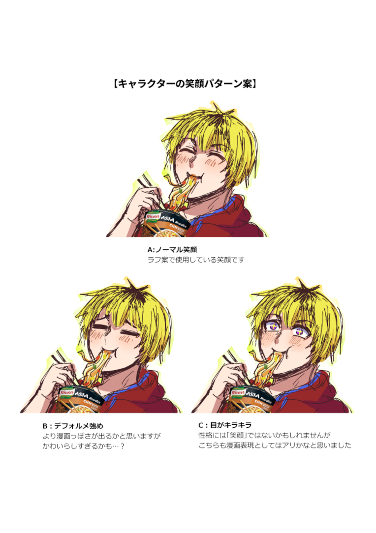 Three smiling character variations